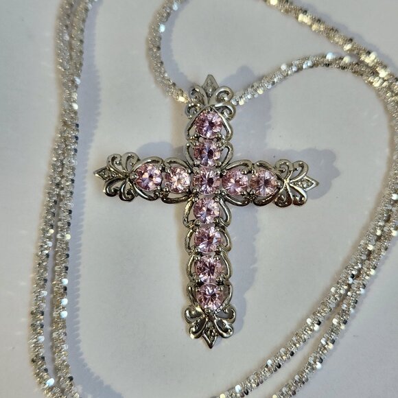 Estate Jewelry - NIB VTG 3.35cts Platinum & 925 Pink Sapphire Cross Pendant w/ Italy Chain 18"
